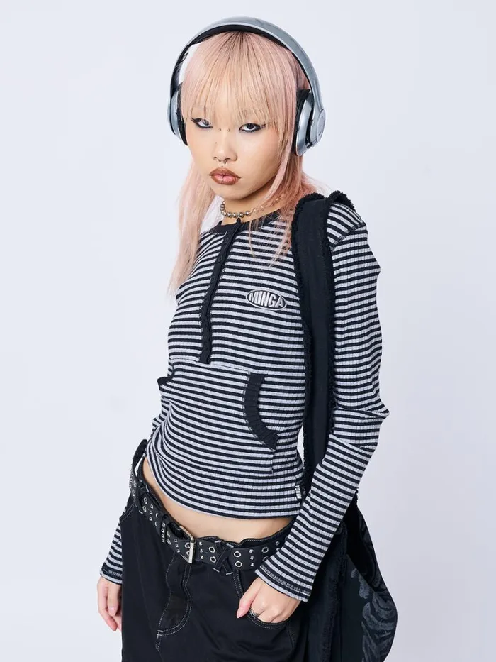 Clothing Kimi Grey Half Button Striped Top Minga London Long Sleeve Tops