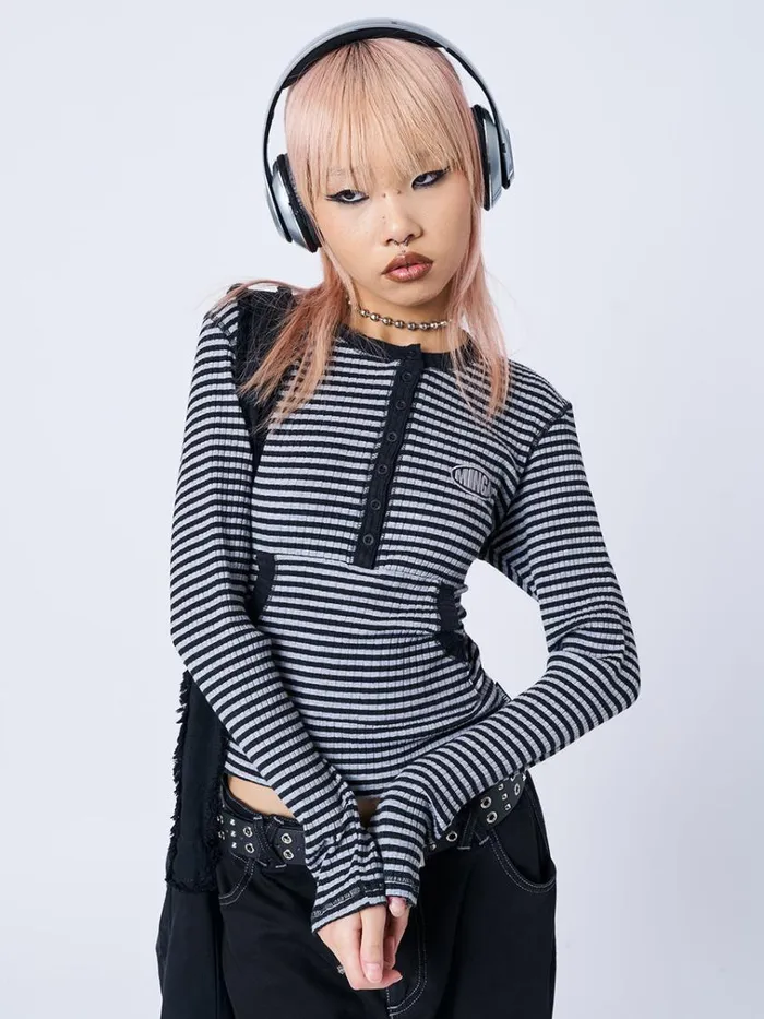 Clothing Kimi Grey Half Button Striped Top Minga London Long Sleeve Tops
