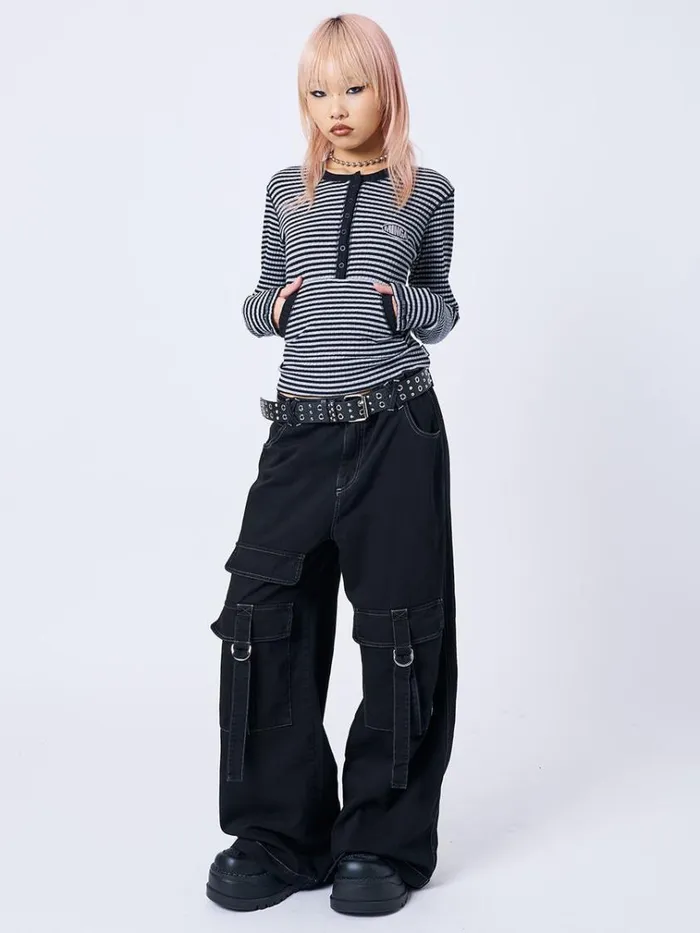 Clothing Kimi Grey Half Button Striped Top Minga London Long Sleeve Tops