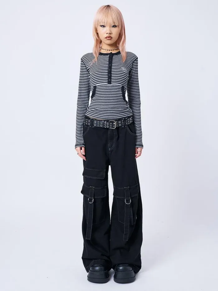 Clothing Kimi Grey Half Button Striped Top Minga London Long Sleeve Tops