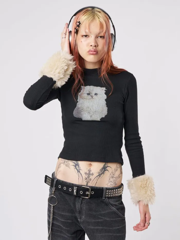 Clothing Kitty Faux Fur Cuffs High Neck Top Minga London Long Sleeve Tops