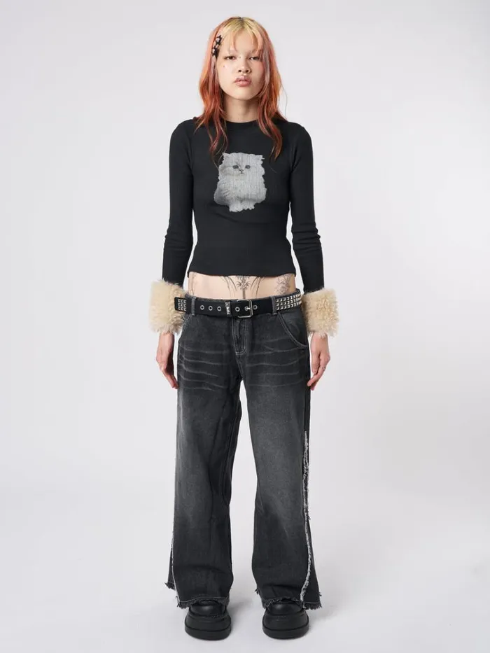 Clothing Kitty Faux Fur Cuffs High Neck Top Minga London Long Sleeve Tops