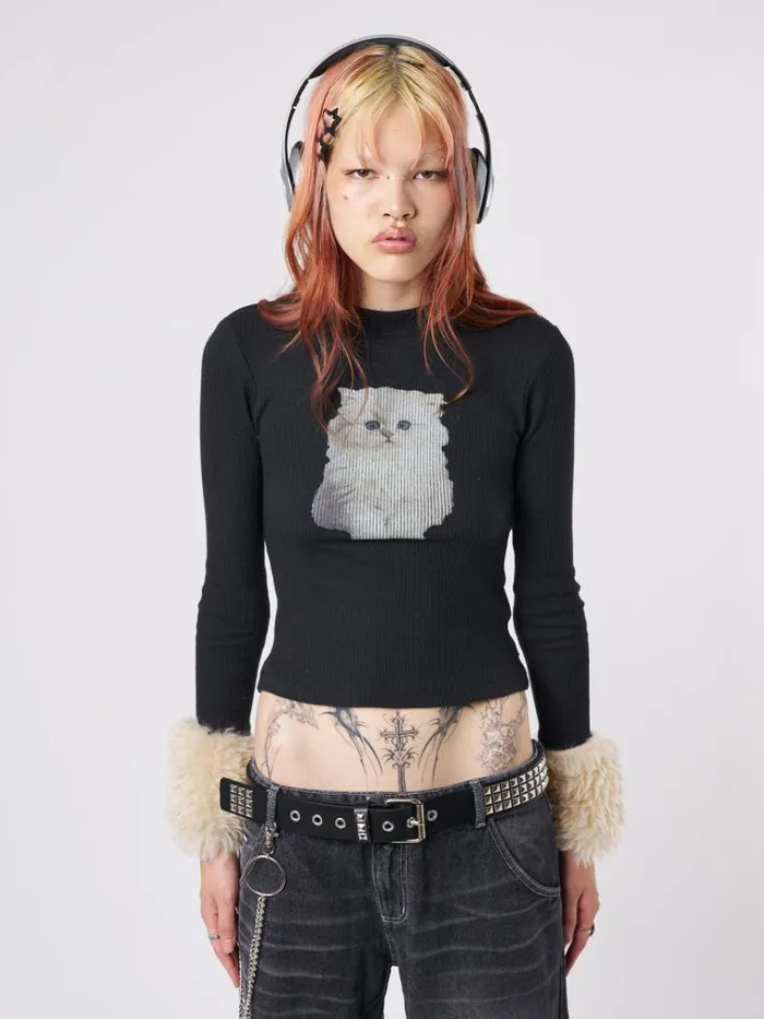 Clothing Kitty Faux Fur Cuffs High Neck Top Minga London Long Sleeve Tops