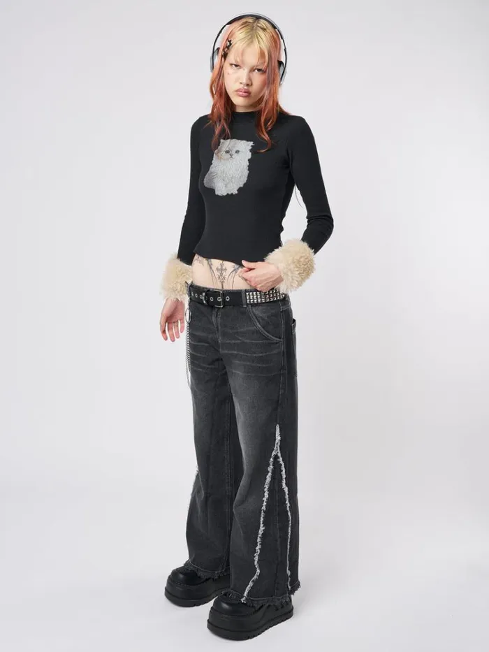 Clothing Kitty Faux Fur Cuffs High Neck Top Minga London Long Sleeve Tops