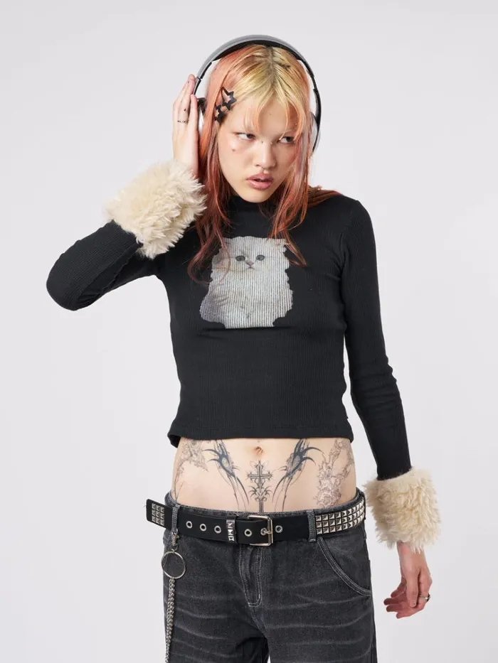 Clothing Kitty Faux Fur Cuffs High Neck Top Minga London Long Sleeve Tops