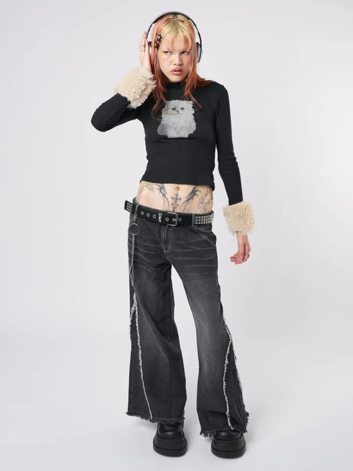 Clothing Kitty Faux Fur Cuffs High Neck Top Minga London Long Sleeve Tops