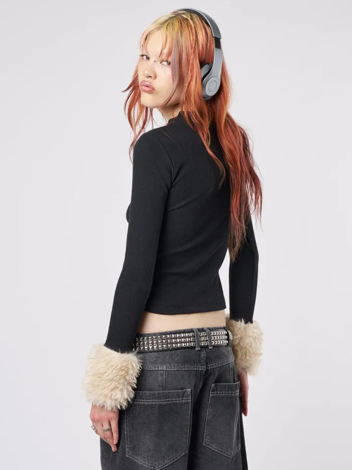 Clothing Kitty Faux Fur Cuffs High Neck Top Minga London Long Sleeve Tops
