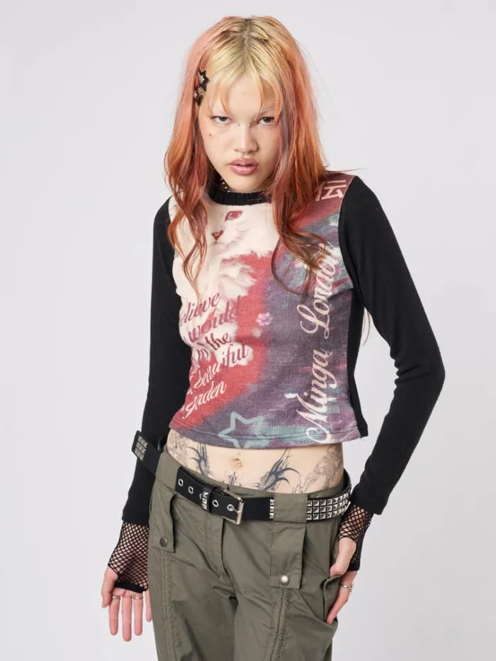 Clothing Kitty Kingdom Black Graphic Top Minga London Long Sleeve Tops
