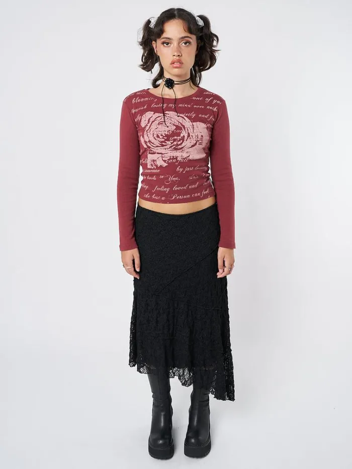 Clothing Lost Rose Burgundy Graphic Top Minga London Long Sleeve Tops