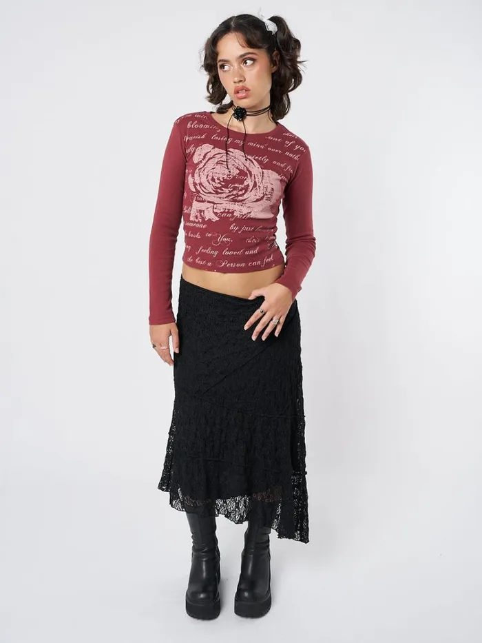 Clothing Lost Rose Burgundy Graphic Top Minga London Long Sleeve Tops