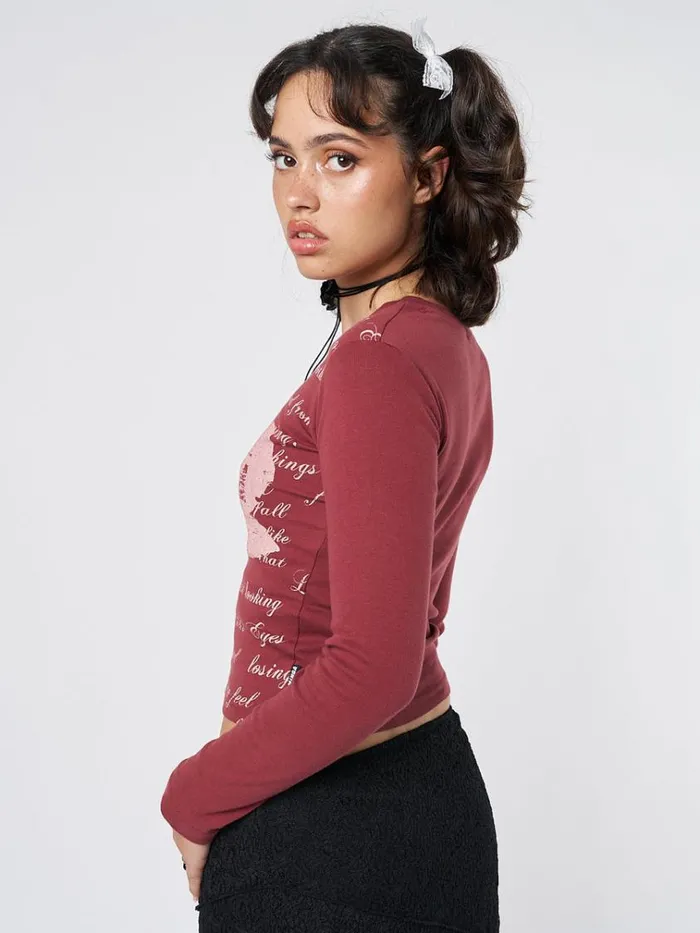 Clothing Lost Rose Burgundy Graphic Top Minga London Long Sleeve Tops