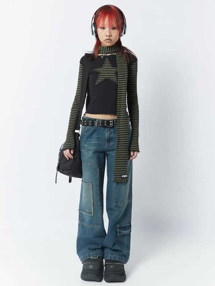 Clothing Lost Star Green Black Striped Long Sleeve Top Minga London Long Sleeve Tops