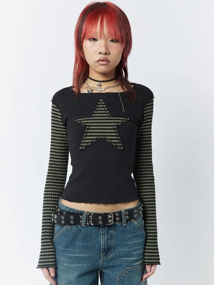 Clothing Lost Star Green Black Striped Long Sleeve Top Minga London Long Sleeve Tops