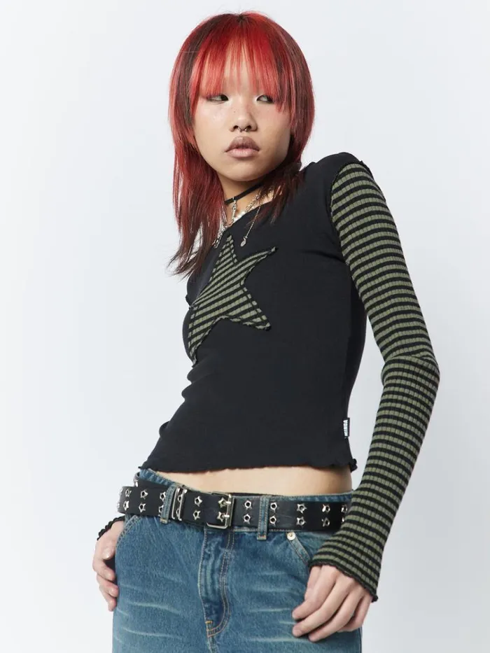 Clothing Lost Star Green Black Striped Long Sleeve Top Minga London Long Sleeve Tops