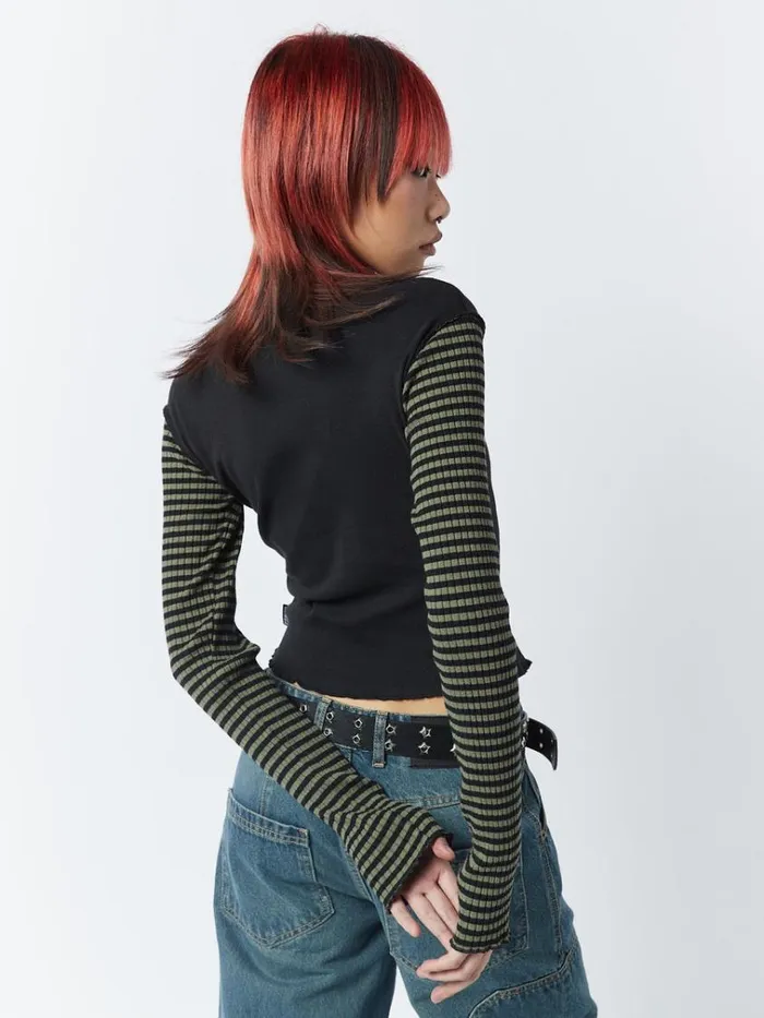 Clothing Lost Star Green Black Striped Long Sleeve Top Minga London Long Sleeve Tops