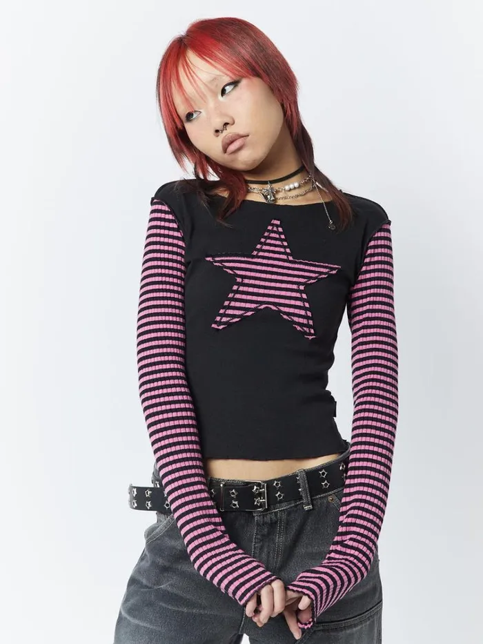 Clothing Lost Star Pink Black Striped Long Sleeve Top Minga London Long Sleeve Tops