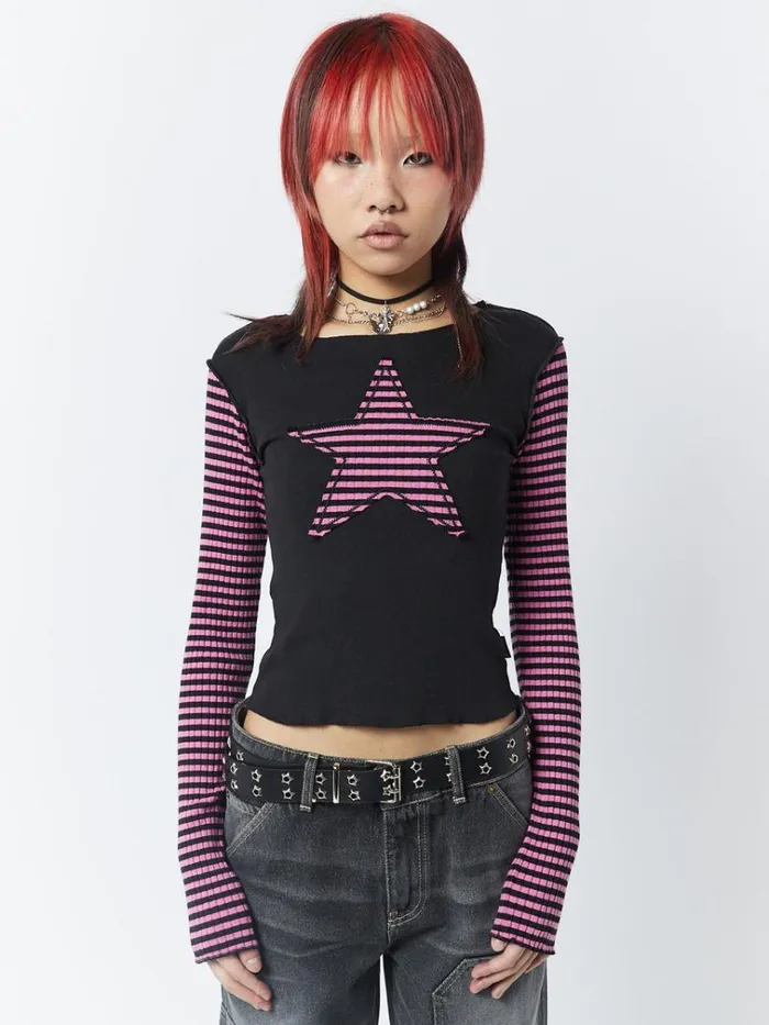 Clothing Lost Star Pink Black Striped Long Sleeve Top Minga London Long Sleeve Tops