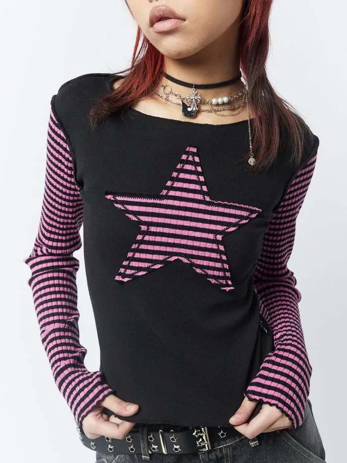 Clothing Lost Star Pink Black Striped Long Sleeve Top Minga London Long Sleeve Tops