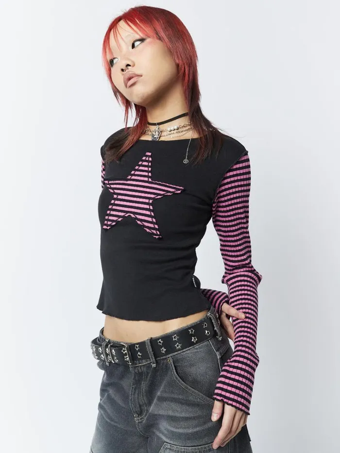 Clothing Lost Star Pink Black Striped Long Sleeve Top Minga London Long Sleeve Tops