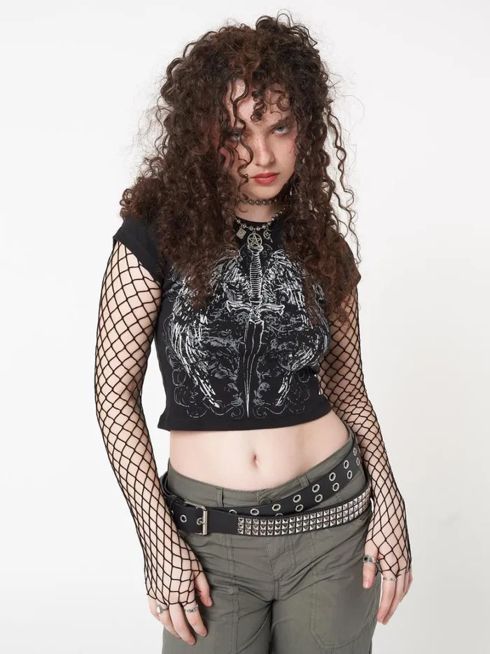 Clothing Minga London Crop Tops Angel Wings Black Baby Tee