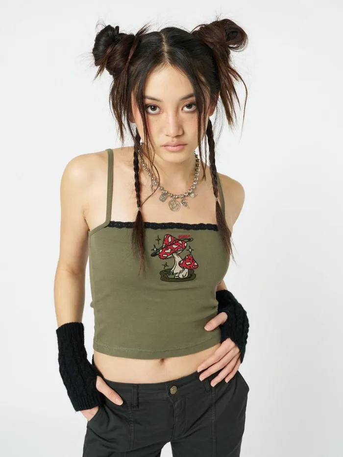 Clothing Minga London Crop Tops Enoki Mushroom Dark Khaki Cami Top