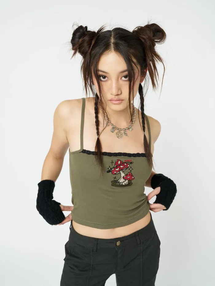 Clothing Minga London Crop Tops Enoki Mushroom Dark Khaki Cami Top