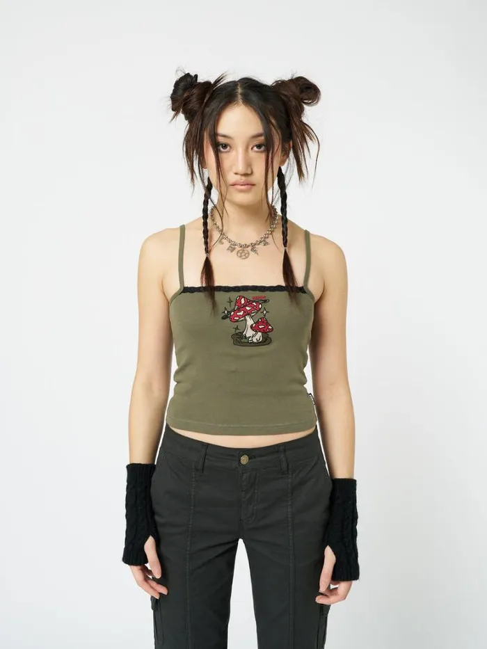 Clothing Minga London Crop Tops Enoki Mushroom Dark Khaki Cami Top