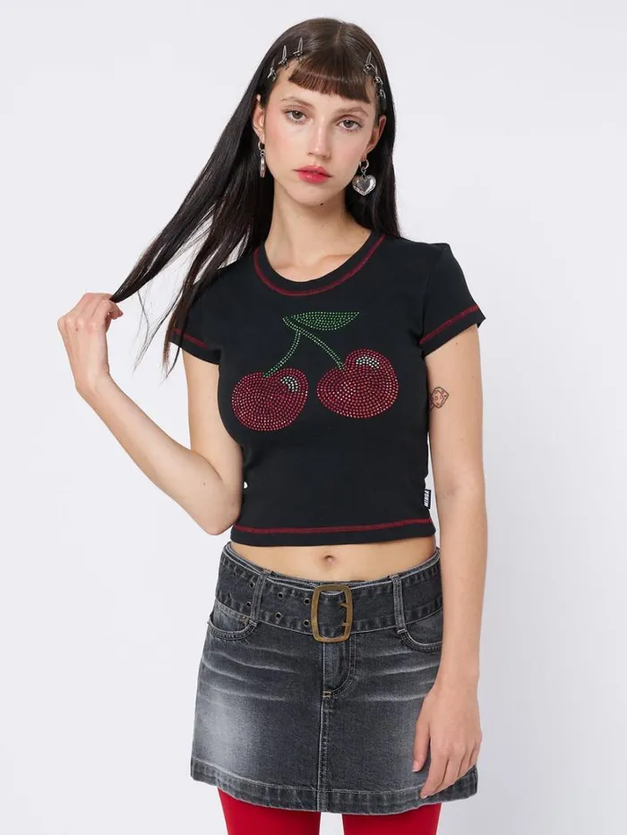 Clothing Minga London Crop Tops Mon Cheri Rhinestone Baby Tee