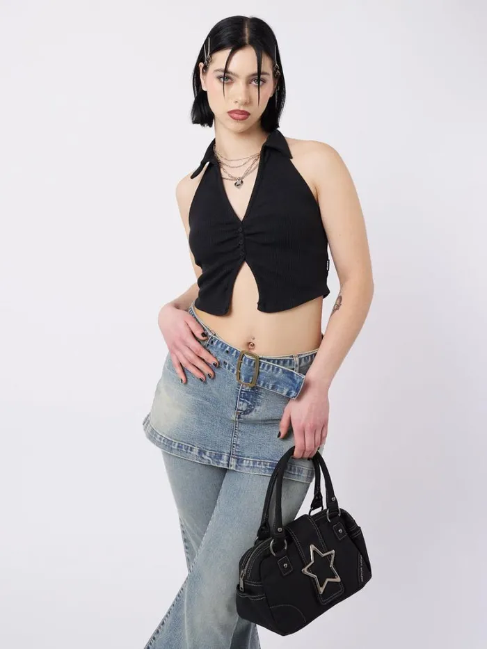 Clothing Minga London Crop Tops Raya Black Halter Neck Collar Top