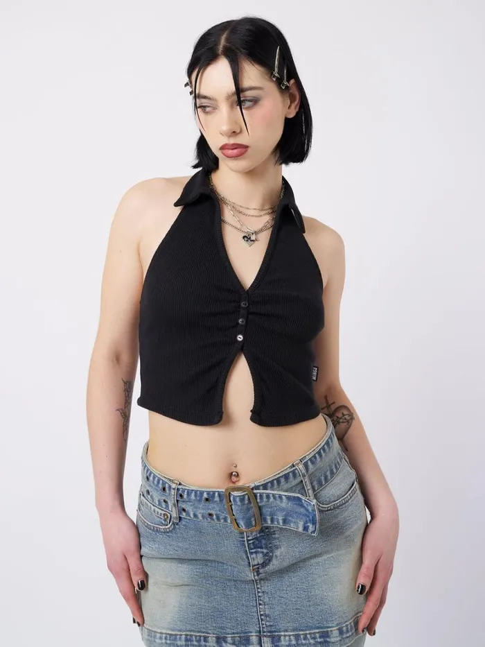 Clothing Minga London Crop Tops Raya Black Halter Neck Collar Top