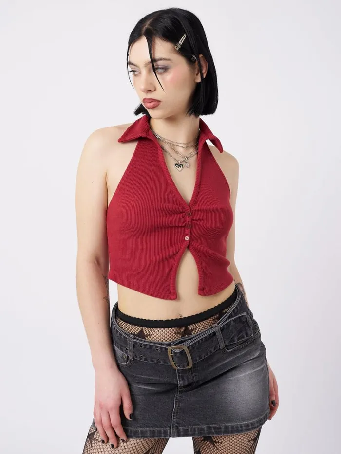 Clothing Minga London Crop Tops Raya Red Halter Neck Collar Top