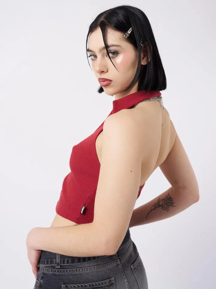 Clothing Minga London Crop Tops Raya Red Halter Neck Collar Top