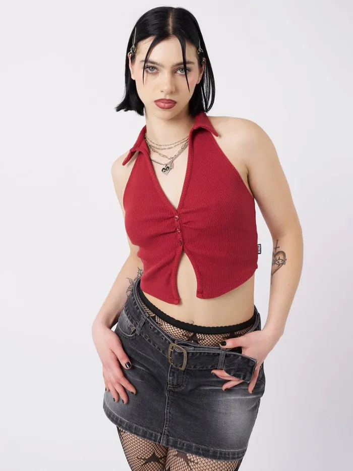 Clothing Minga London Crop Tops Raya Red Halter Neck Collar Top