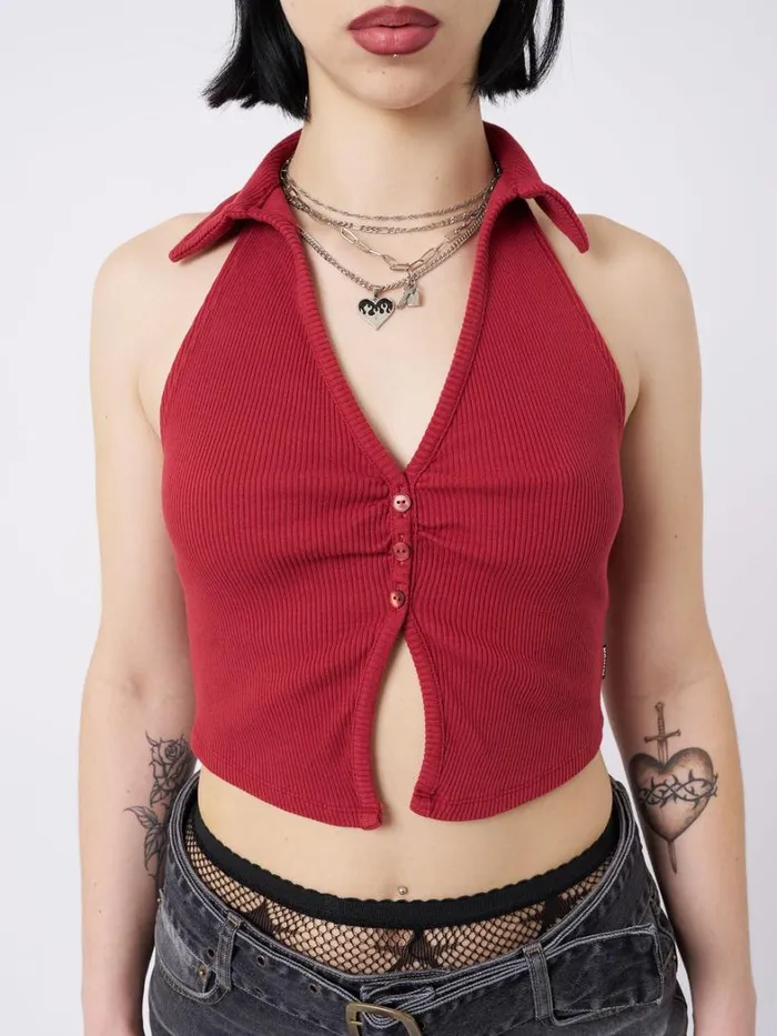 Clothing Minga London Crop Tops Raya Red Halter Neck Collar Top