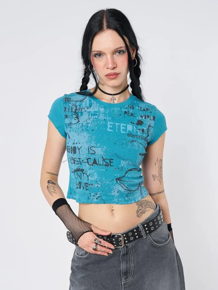 Clothing Minga London Crop Tops Real World Blue Graphic Baby Tee