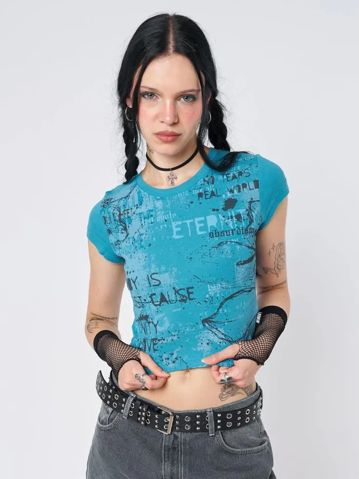 Clothing Minga London Crop Tops Real World Blue Graphic Baby Tee