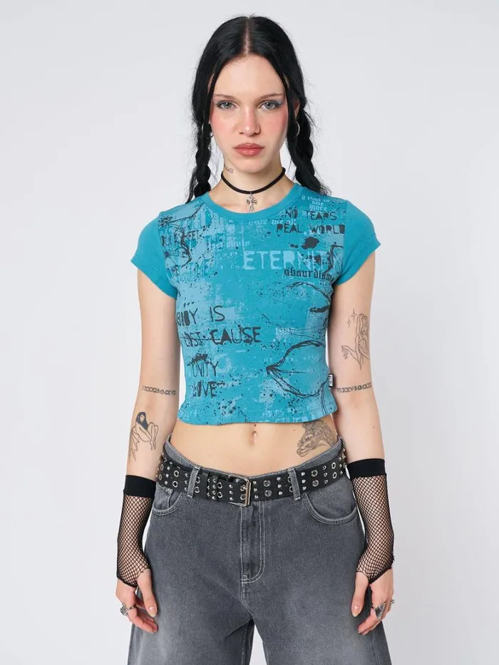Clothing Minga London Crop Tops Real World Blue Graphic Baby Tee