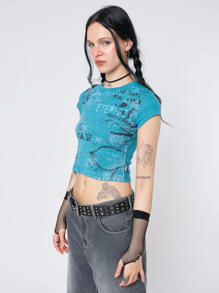 Clothing Minga London Crop Tops Real World Blue Graphic Baby Tee