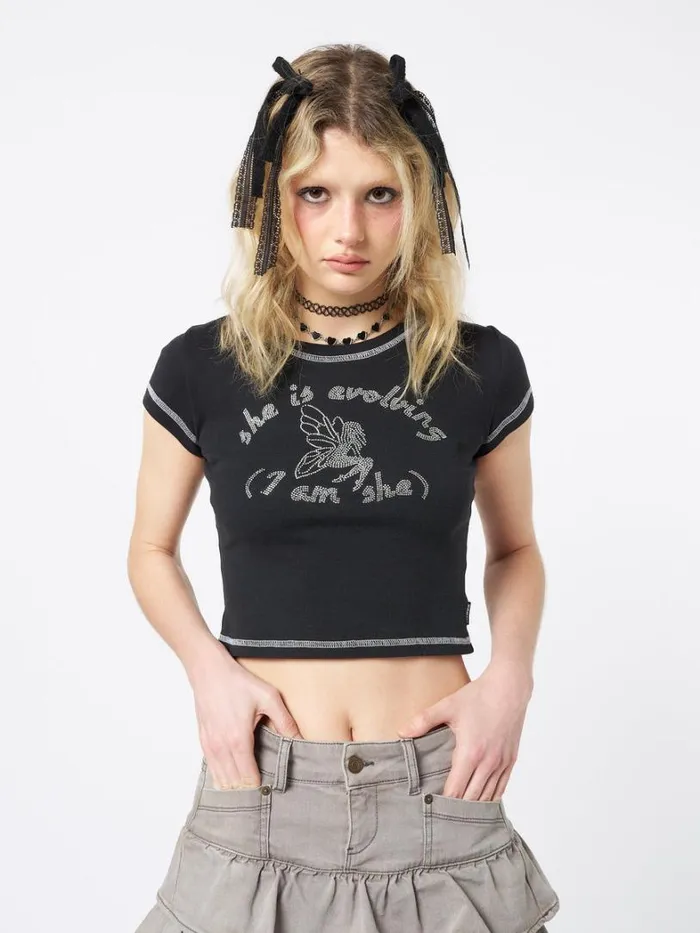 Clothing Minga London Crop Tops She Is Evolving Black Baby Tee