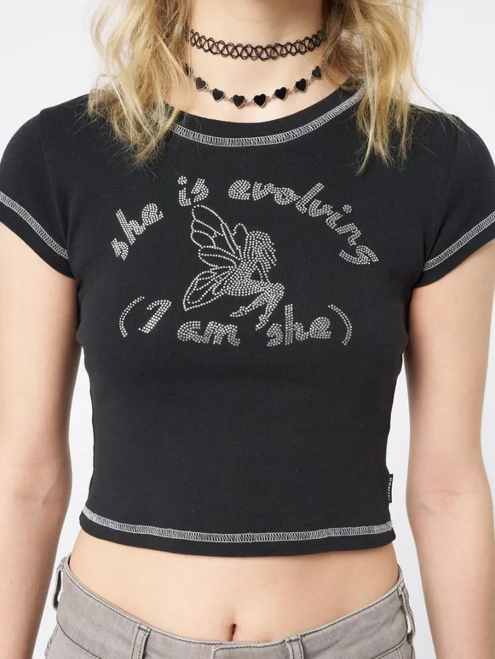 Clothing Minga London Crop Tops She Is Evolving Black Baby Tee