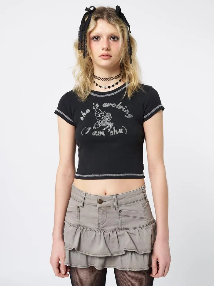 Clothing Minga London Crop Tops She Is Evolving Black Baby Tee