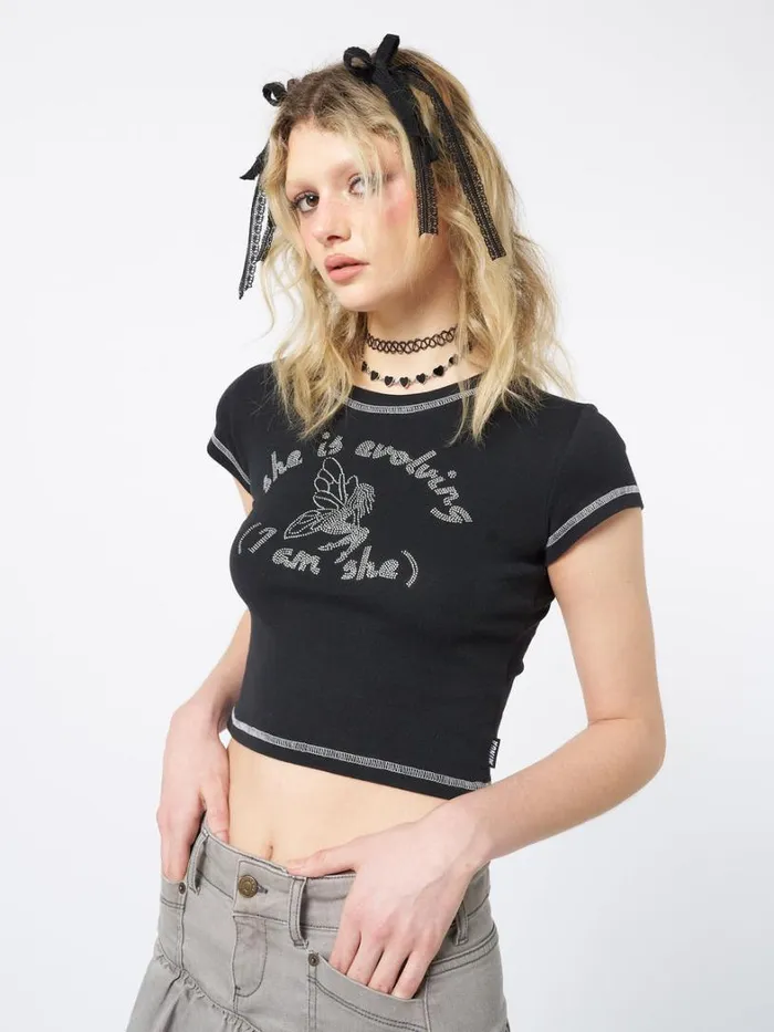 Clothing Minga London Crop Tops She Is Evolving Black Baby Tee