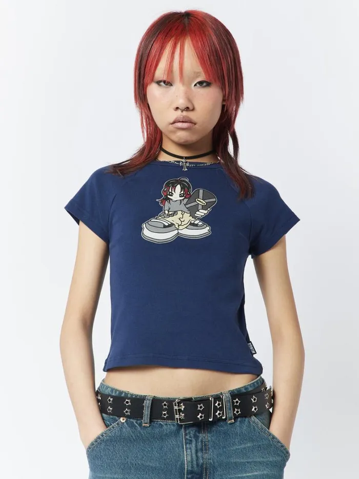 Clothing Minga London Crop Tops Skater Girl Graphic Blue Baby Tee