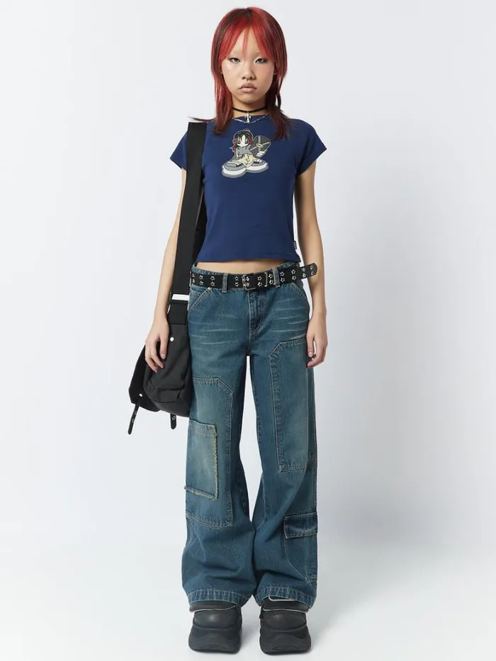 Clothing Minga London Crop Tops Skater Girl Graphic Blue Baby Tee
