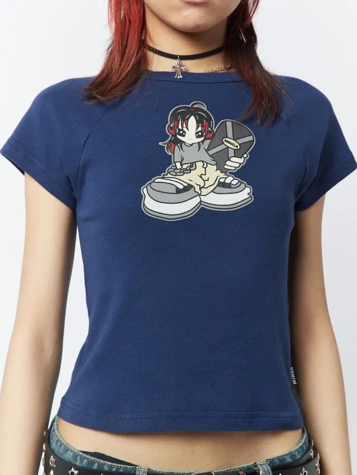 Clothing Minga London Crop Tops Skater Girl Graphic Blue Baby Tee
