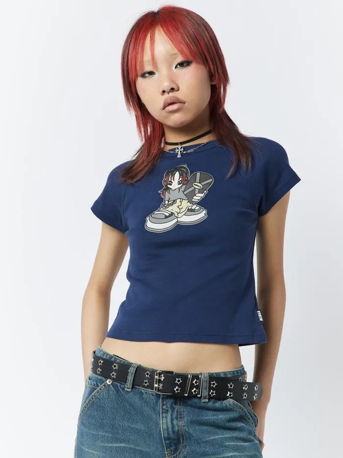 Clothing Minga London Crop Tops Skater Girl Graphic Blue Baby Tee