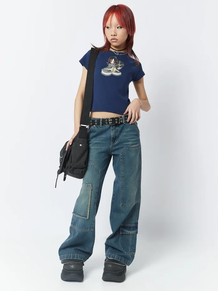 Clothing Minga London Crop Tops Skater Girl Graphic Blue Baby Tee