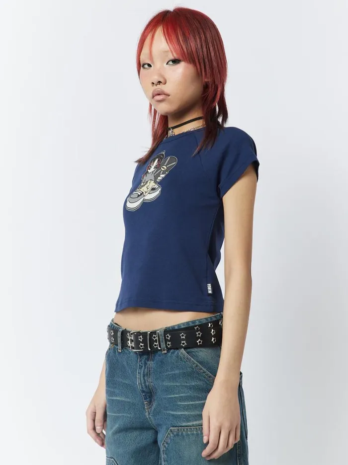 Clothing Minga London Crop Tops Skater Girl Graphic Blue Baby Tee