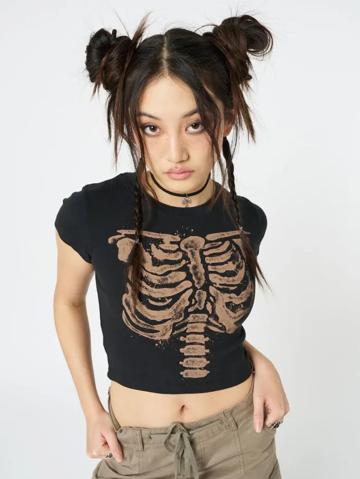 Clothing Minga London Crop Tops Skeleton Black Graphic Print Baby Tee