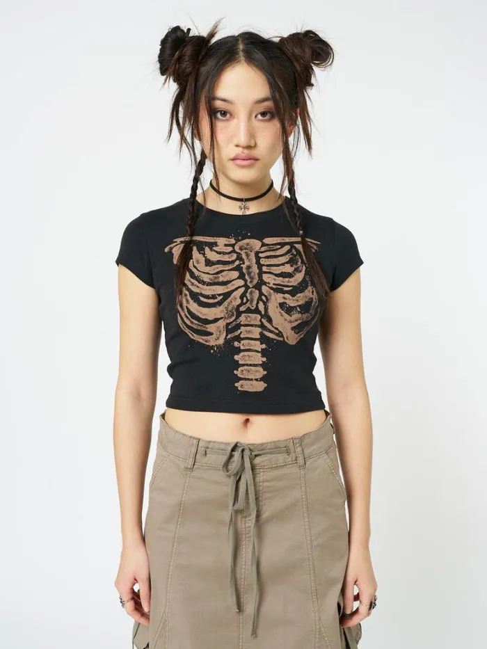 Clothing Minga London Crop Tops Skeleton Black Graphic Print Baby Tee